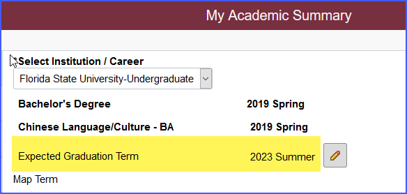 A form under the title 'Academic Summary' with the area 'Expected Graduation Term' now having an entry to the right of it, in this example it says '2023 Summer'.