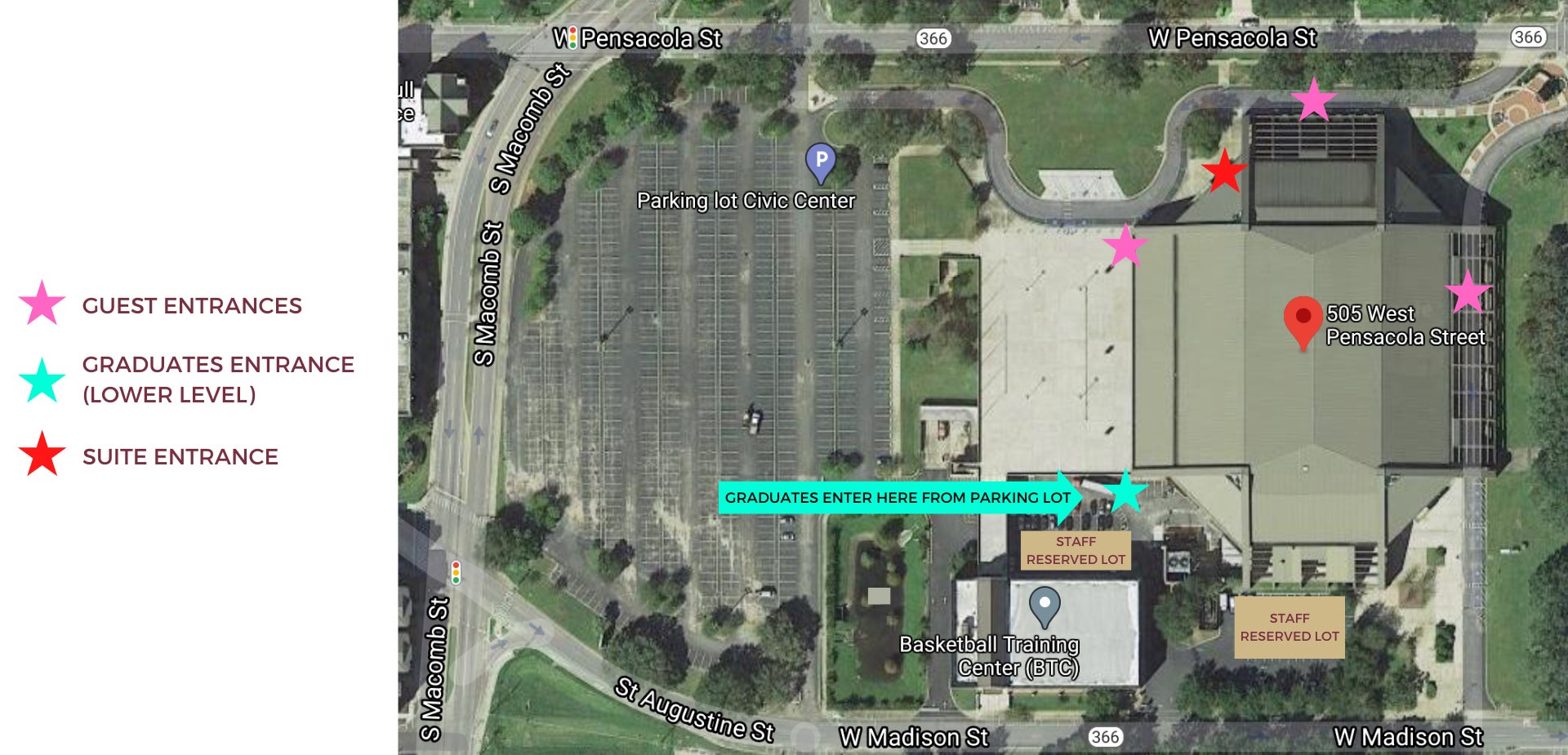 Image of an aerial view of the Civic Center highlighting the guest entrances, graduates entrance (lower level), and suite entrance. Civic Center