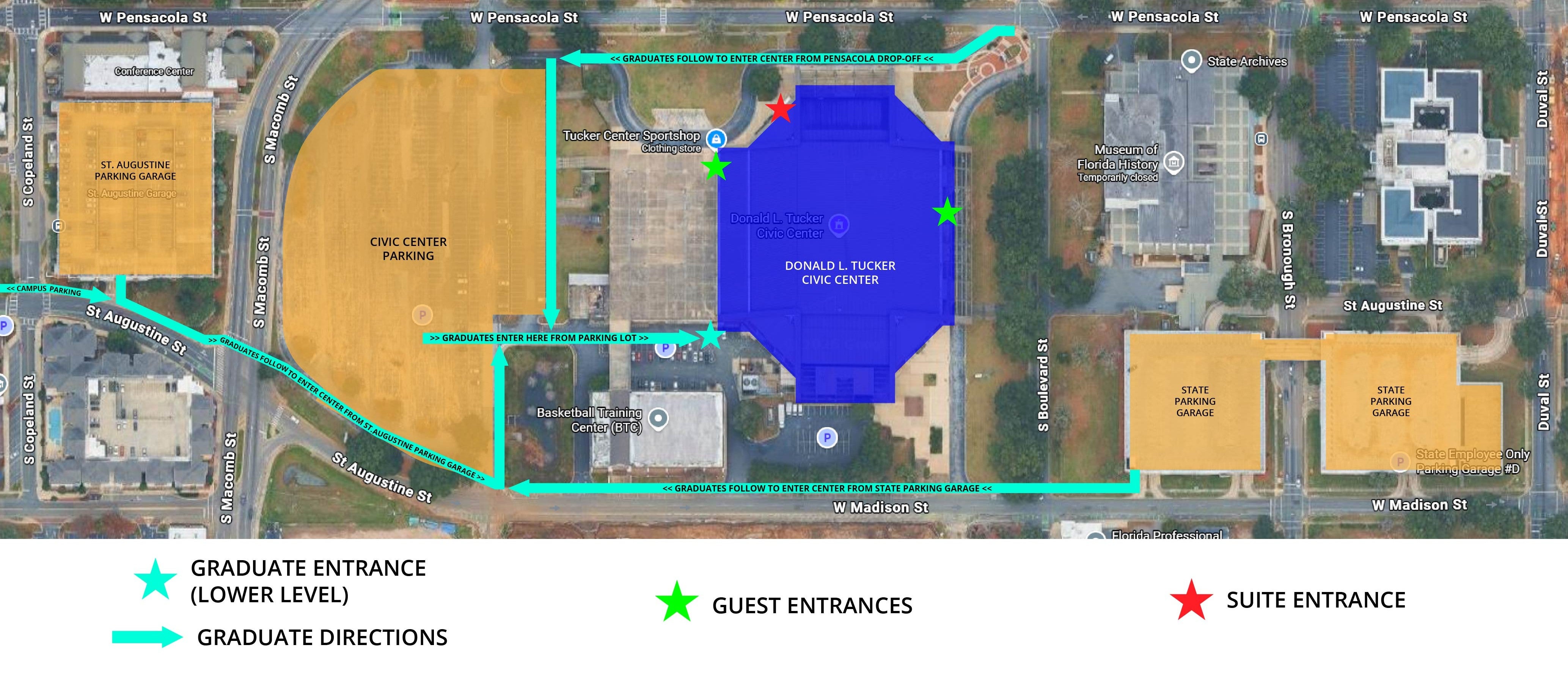 Image of an aerial view of the Civic Center highlighting the guest entrances, graduates entrance (lower level), and suite entrance. Image of an aerial view of the Civic Center highlighting the guest entrances, graduates entrance (lower level), and suite entrance.
