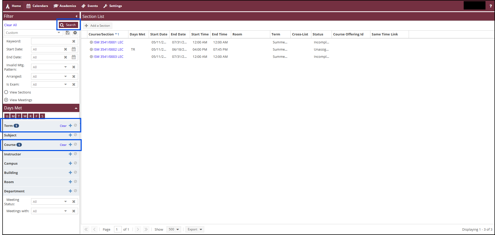 "Ad Astra-Term and Course Filters with Search Button"