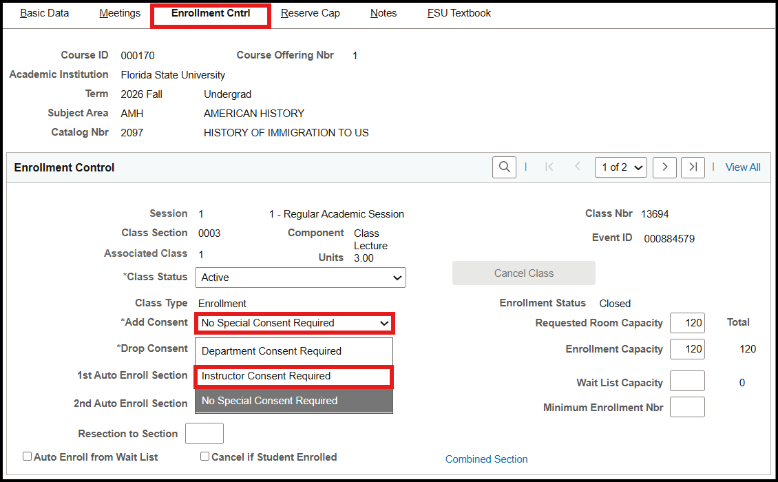 Add Consent Drop Down Box (Instructor Consent selected as example)