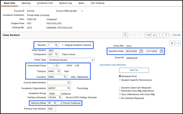 "Class Sections data within the Basic Data tab, including Session, Associated Class, Campus, Location, Delivery Mode and Start/End Date"