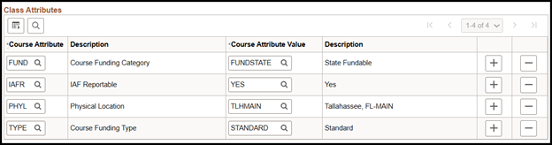 "Standard class attributes for courses including Course Funding Category, IAF Reportable, Physical Location and Course Funding Type"