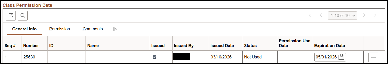 "Class Permission Data-General Info tab with completed Issued, Issued By, Status, and Expiration Date fields"