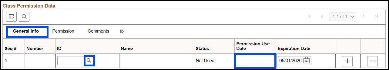 "Class Permission Data menu-General Info tab with ID Look Up field and Permission Use Date field currently blank"