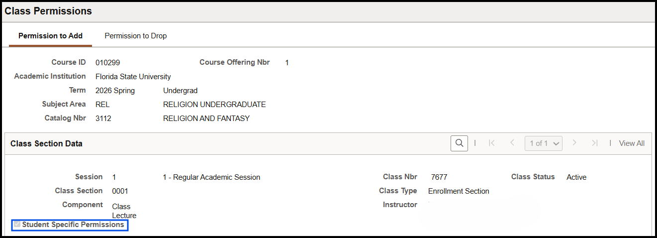 "Class Permissions menu-Permission to Add tab-Student Specific Permissions Check Box selected"