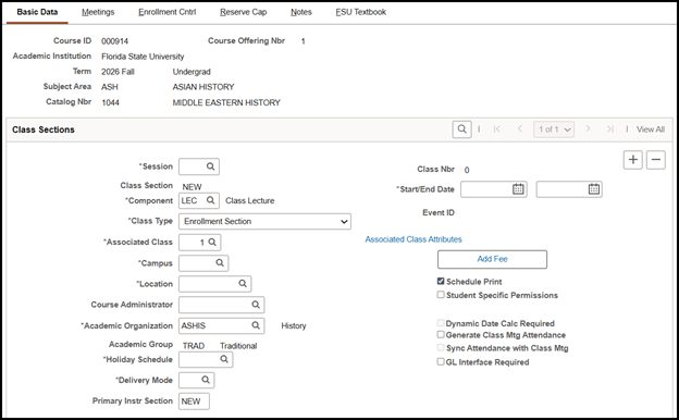 "Basic Data tab view for a Fall 2026 section of ASH1044"