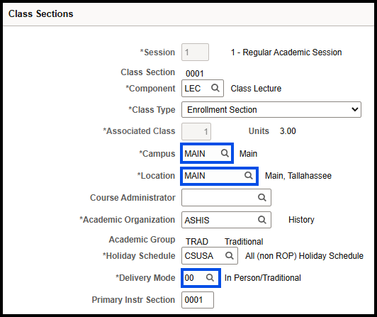 "Basic Data Tab-Class Sections box with Campus, Main, and Delivery Mode fields"
