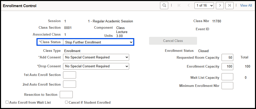 "Enrollment Control menu with Class Status=Stop Further Enrollment"