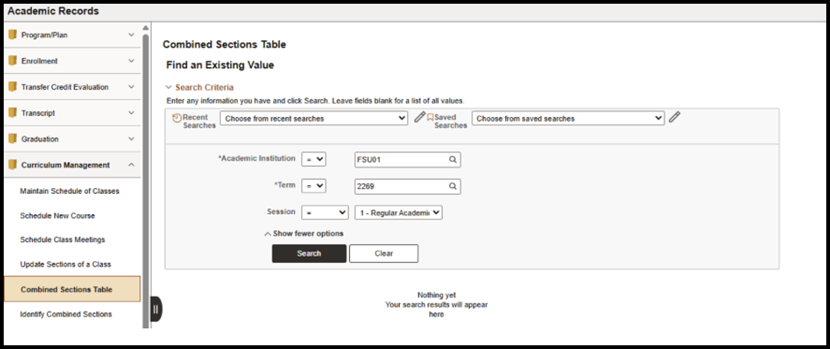 "Combined Sections Table-Find an Existing Value menu"