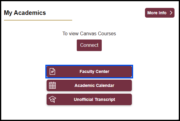 "My Academics section of myFSU portal with Faculty Center button visible"