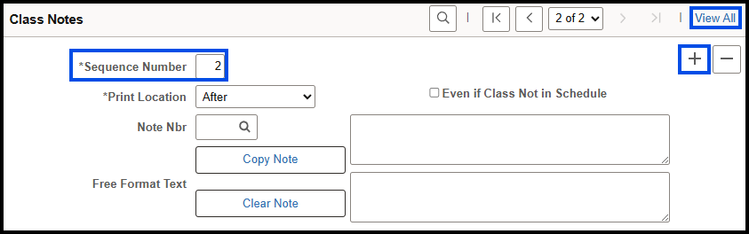 "Plus button, Sequence Number and View All options in the Class Notes menu"