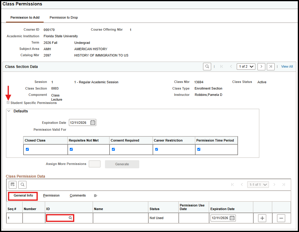 General Info Tab Student Specific Permissions