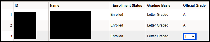 "Grade Change Request Page-Official Grade Dropdown Menu"