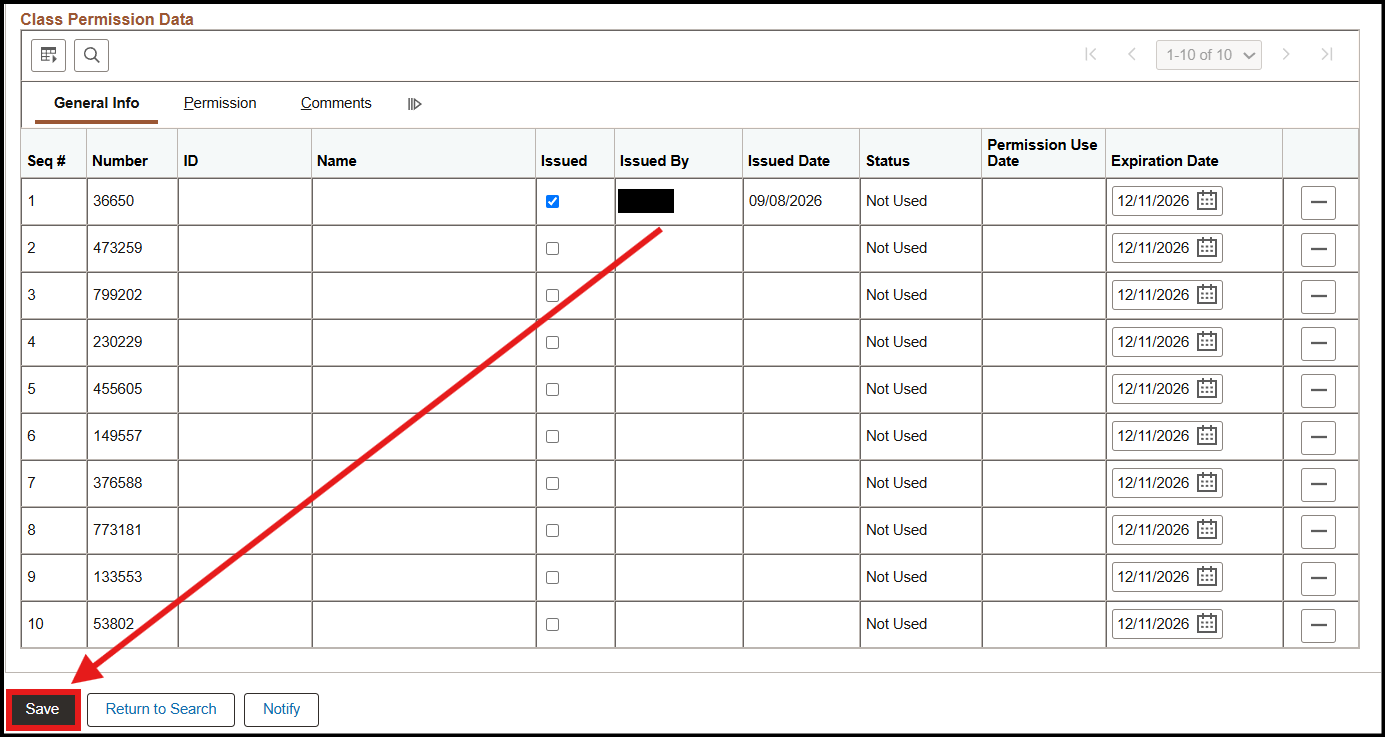 Issued check box and Issued by field populated with user ID (user ID censored)