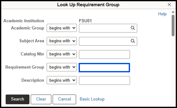 "Look Up Requirement Menu with Requirement Group field selected"
