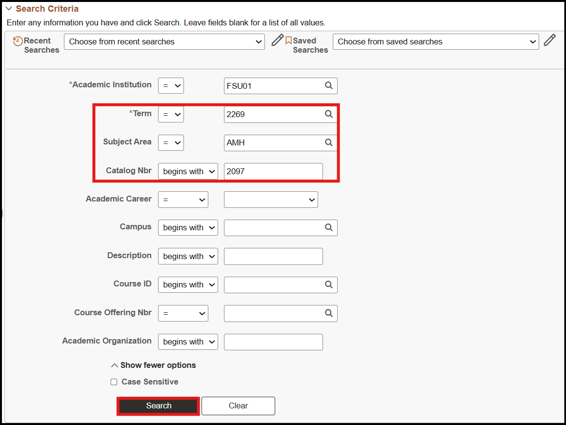 Maintain Schedule of Classes search page