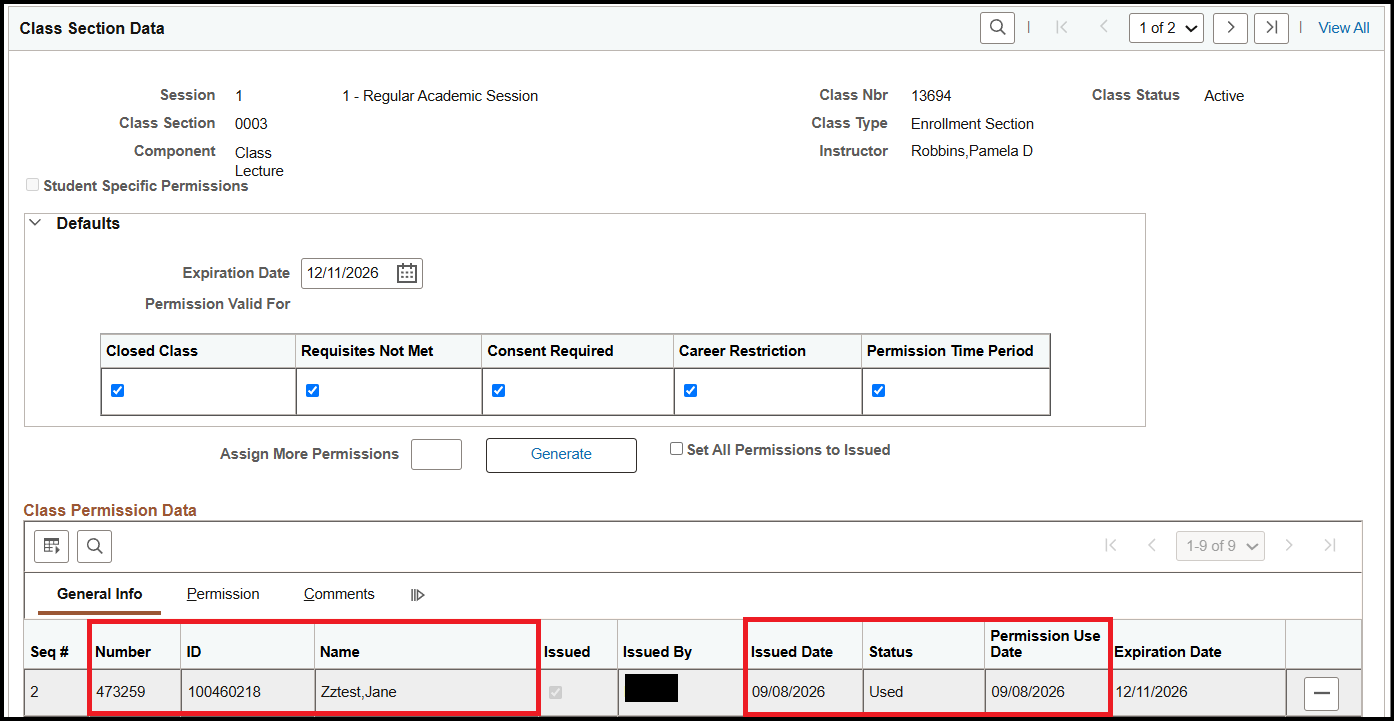Permission Number Used Status (General Permissions)