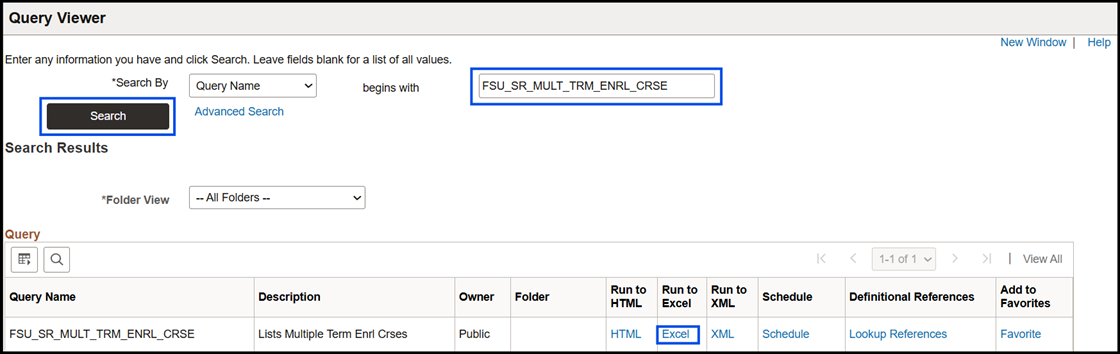 "Query Viewer-FSU_SR_MULT_TERM_ENRL_CRSE with option export results through Run to Excel"
