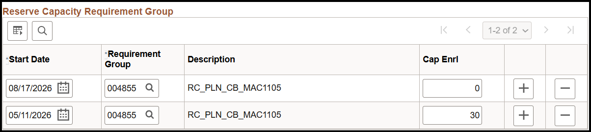 "Reserve Capacity Requirement Group field with Requirement Group 004855. One row has a Start Date of 8/17/2026 and the second row has a Start Date of 5/11/2026"