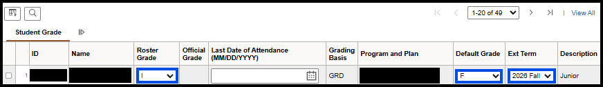 "Roster Grade Incomplete Options-Last Day of Attendance, Default Grade and Ext Term dropdowns appear"
