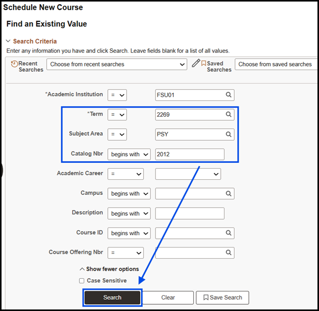 "Search Criteria with Term = 2269, Subject Area = PSY and Catalog Nbr = 2012"