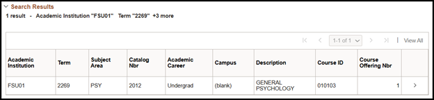 "Search results showing PSY2012 with the applied search criteria"