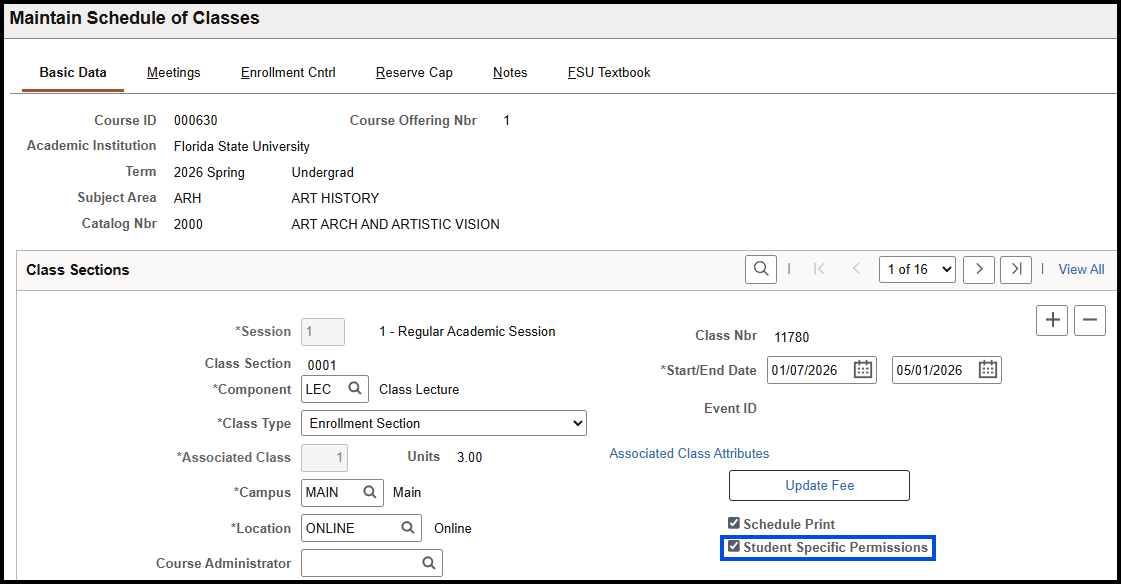 "Class Sections Menu with Student Specific Permissions box checked"