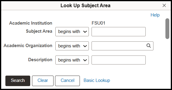 "The Look up Subject Area menu includes fields for Subject Area, Academic Organization, and Description"