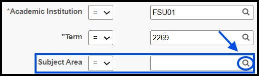 "The Subject Area field is blank. To find a value for it, click on the Look Up icon to search"