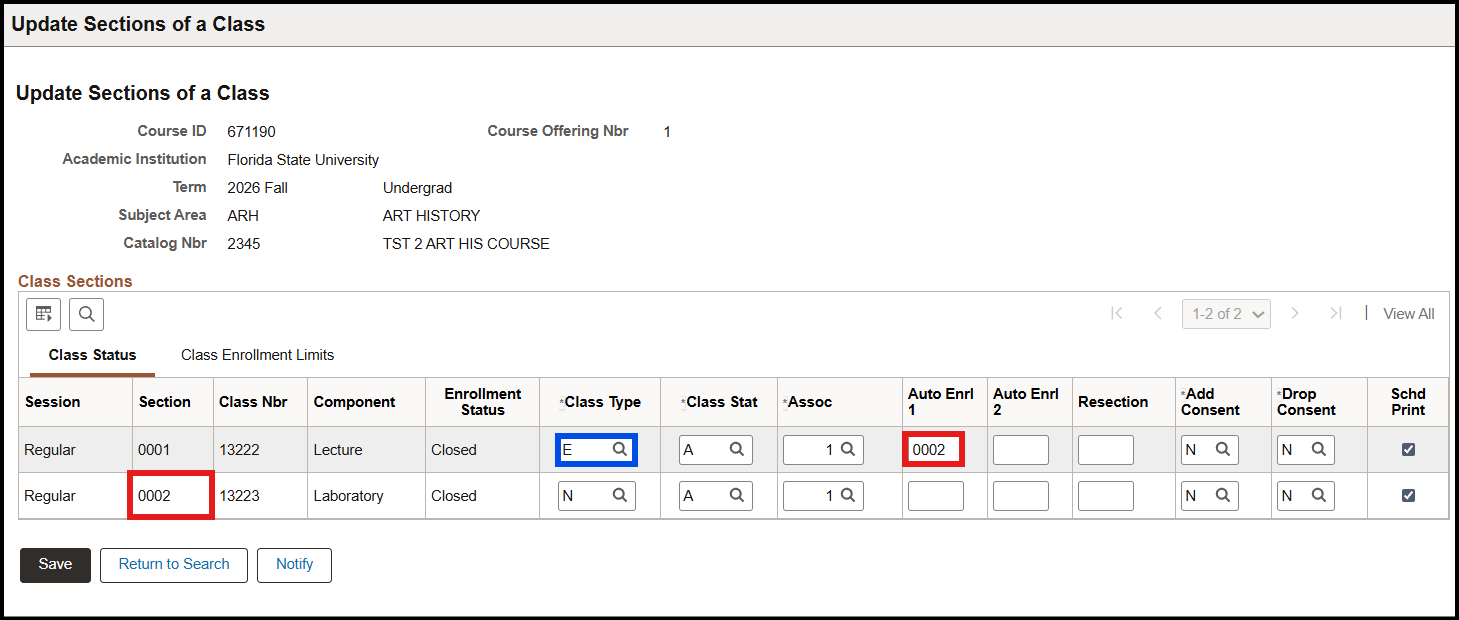 "Update Sections of a Class menu with Class Status tab selected and Class Type and Auto Enrl 1 fields emphasized"