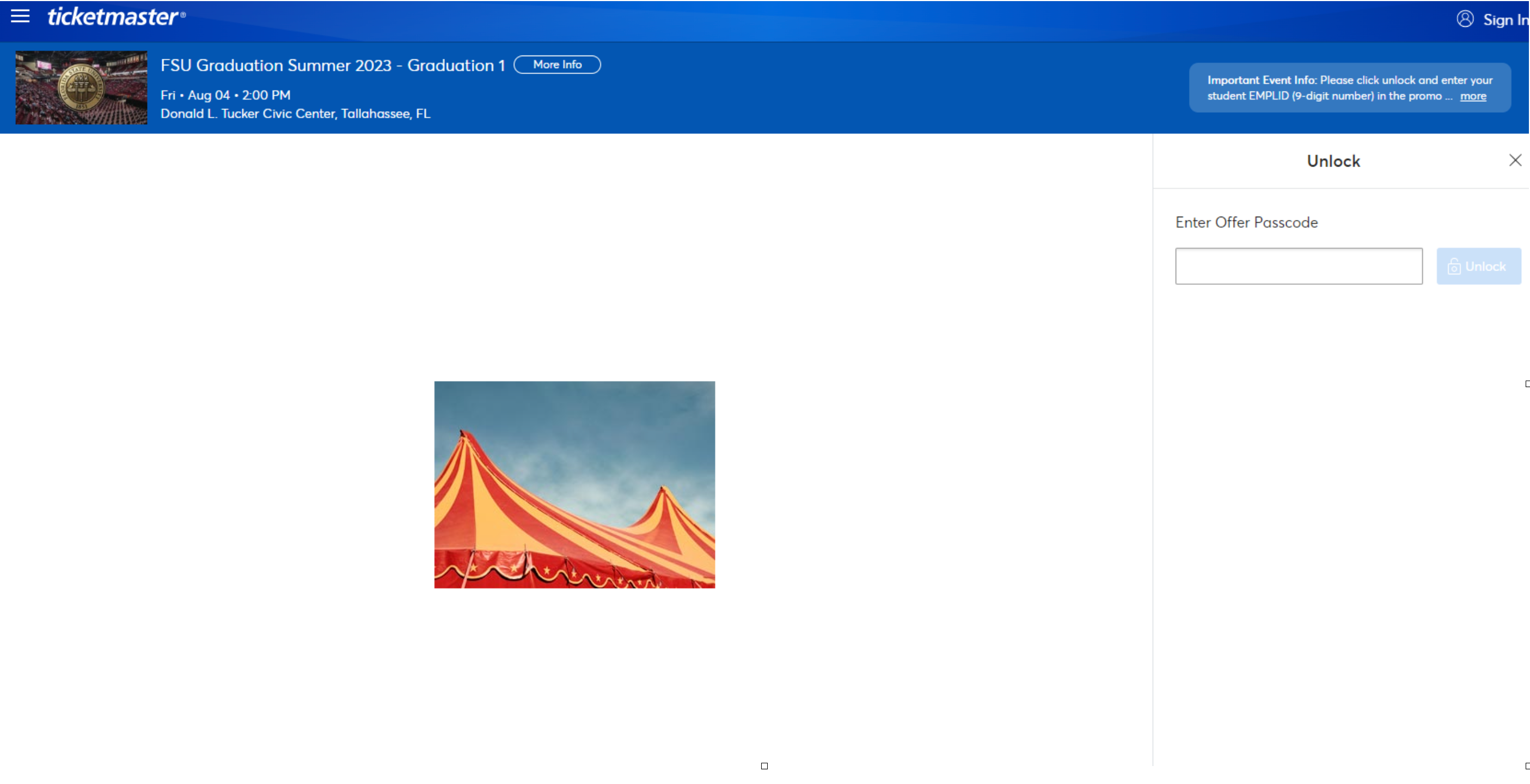 Screenshot showing the Ticketmaster online interface, with an 'Unlock' section on the right side of the screen and an area for 'Enter Offer Passcode' underneath that.