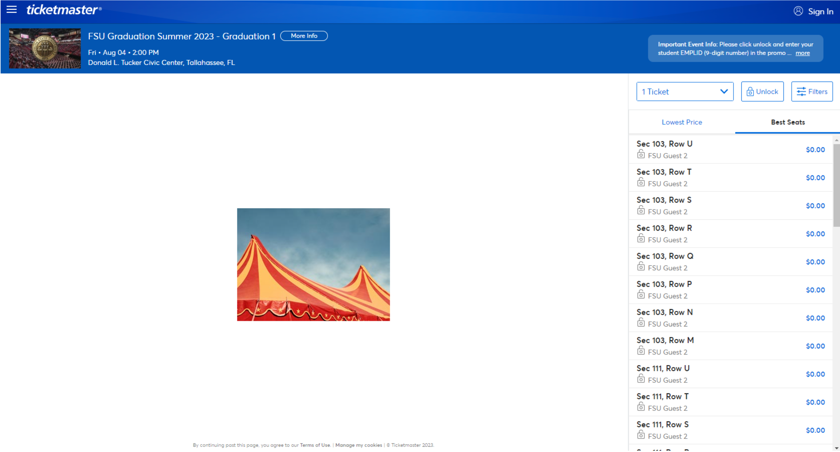Screenshot shwoing the Ticketmaster online interface, which has a section on the right where you can select number of fickets and other filters. Underneath is a listing of available seats with the categories 'Lowest Price' and 'Best Seats'.