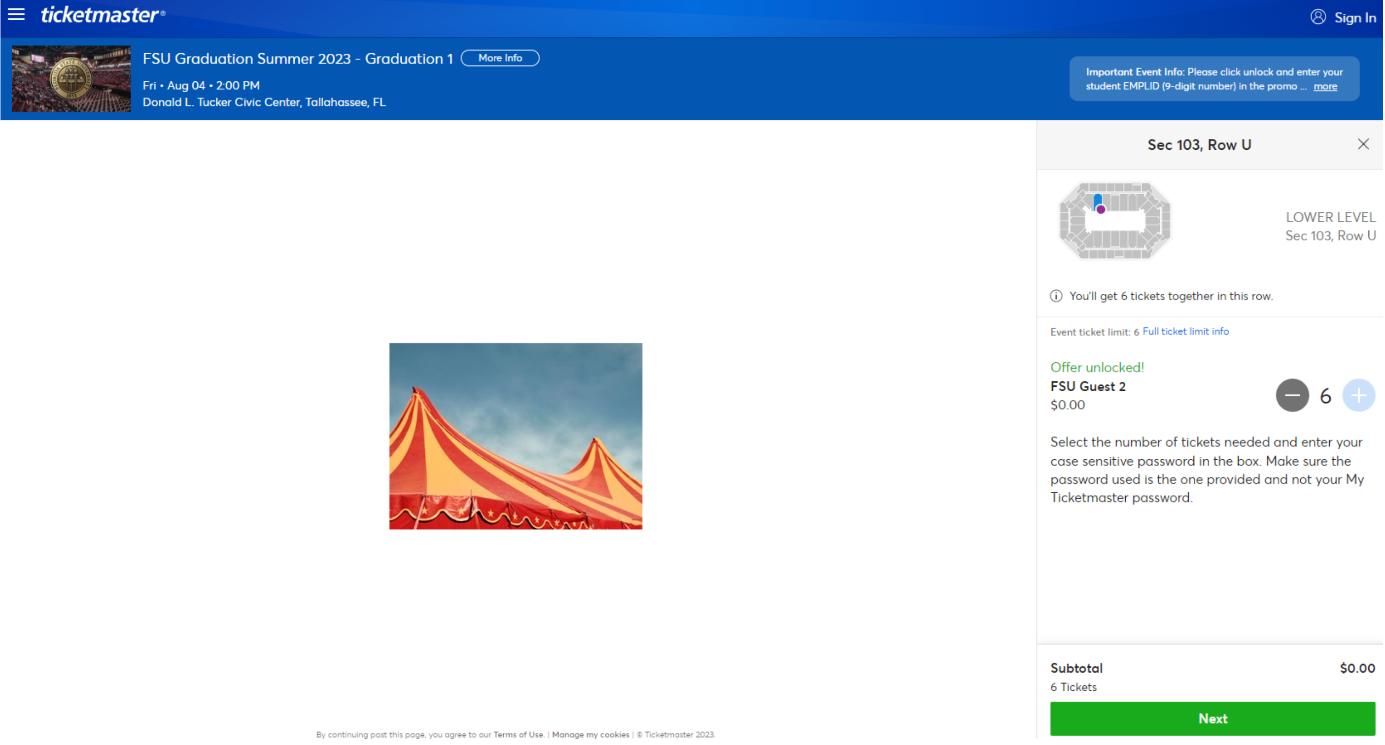 Screenshot shwoing the Ticketmaster online interface, which shows on the right hand side specific selected seats, along with number of tickets to be purchased, price (this example depicts $0.00), and next button.