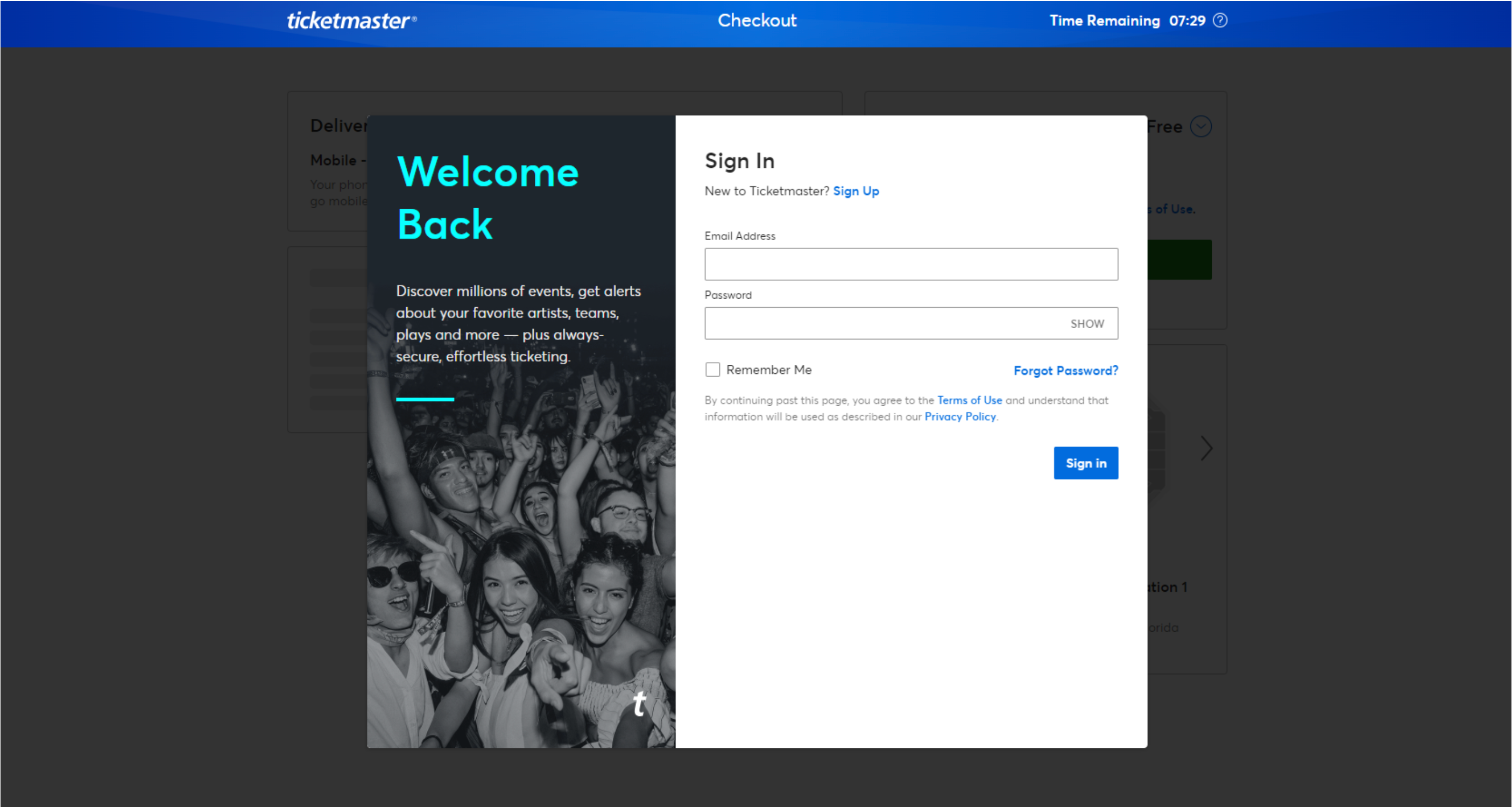 Screenshot showing the Ticketmaster sign in, requiring Email Address and Password.