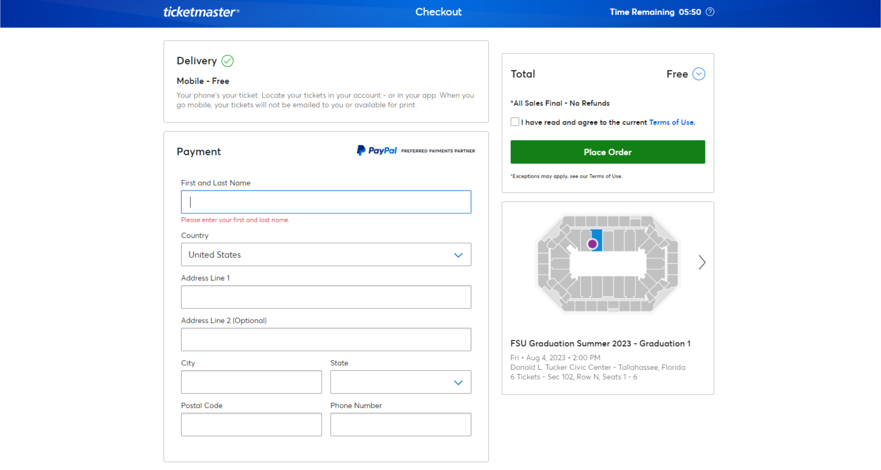 Screenshot shwoing the Ticketmaster online interface, showing the delivery option and payment form, along with the Total on the right hand side (in this example it shows as 'Free'), a 'Place Order' button, and the location of the seat itself underneath that.